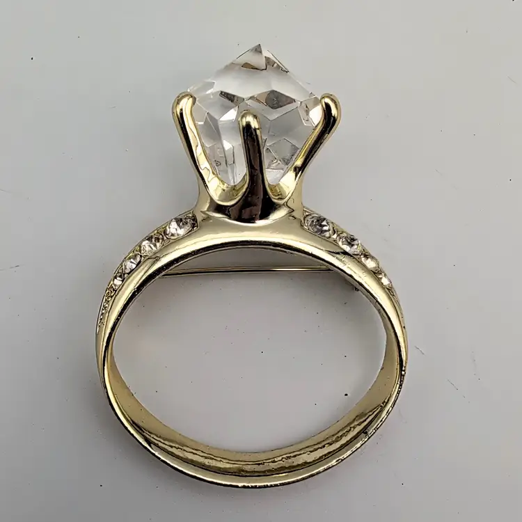 Faux Diamond Engagement Ring by AJC American Jewelry Chain Pin Brooch Fun 1980s