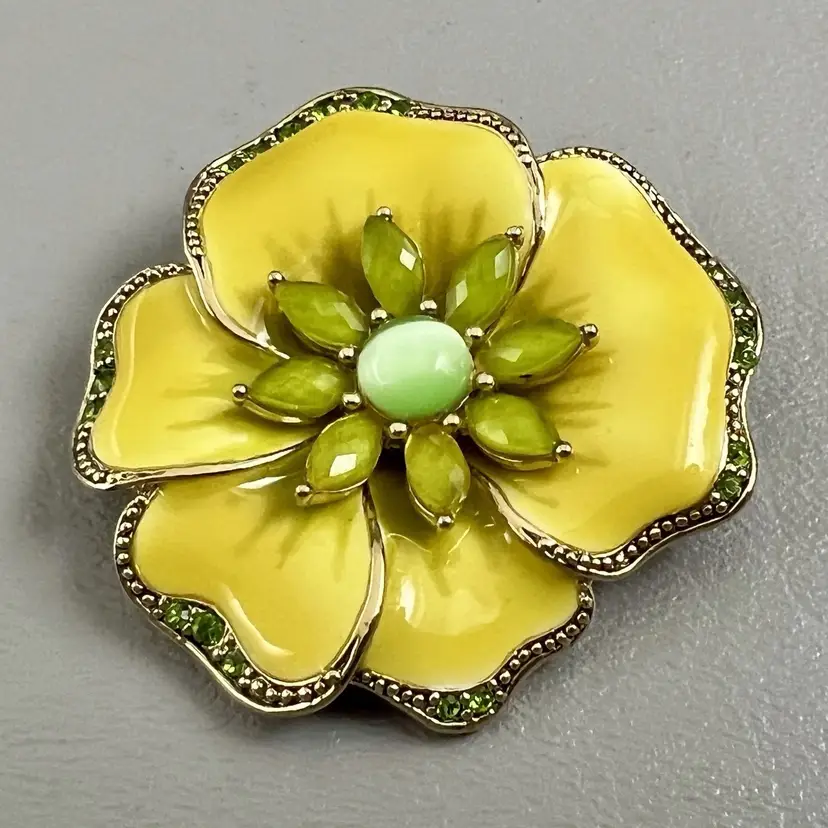 Liz Claiborne LC Yellow Enamel Flower Brooch Green Rhinestones Pansy 2" Statement