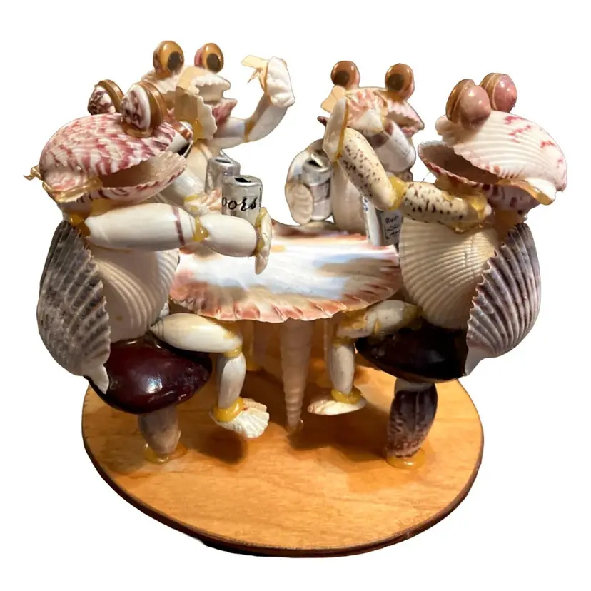 Vtg 70's Seashell 4 Clam Guys Googly Eyes Playing Cards Drinking Beer at Table