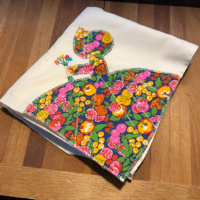 Sun Bonnet Girl Fruit Material With Embroidered Flowers Tea Towel @36x30
