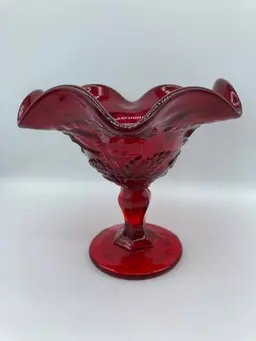 Vintage Ruby Red Glass Ruffled Compote Candy Pedestal Bowl