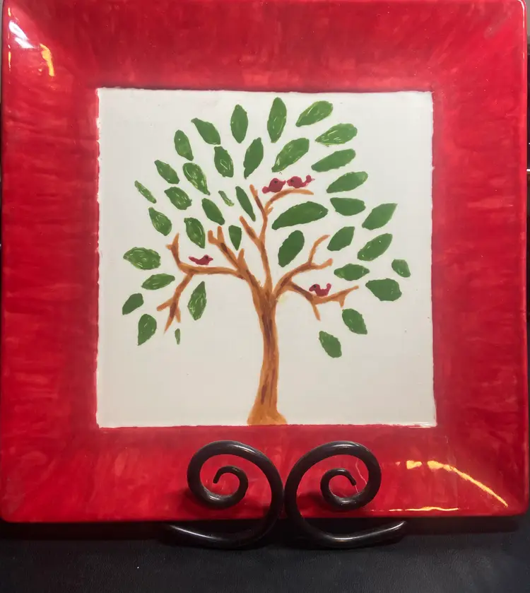 Square Red Rimmed Plate w/ Handpainted Image of Tree & Red Birds, 10"x10"