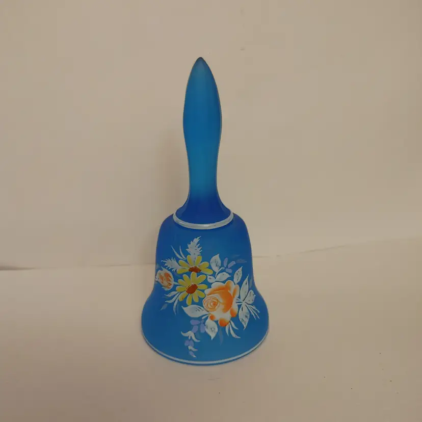 Westmoreland Blue Satin Art Glass bell with Floral Spray. No condition issues. Missing dinger.5.5 inches high.