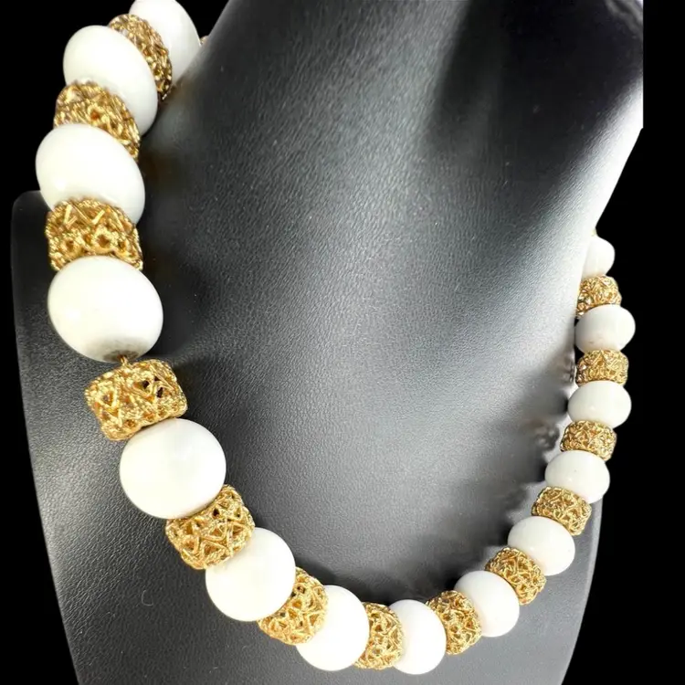 Vintage MONET Signed White Plastic Bead Necklace with Gold-tone Filigree Spacer Beads & Chain.