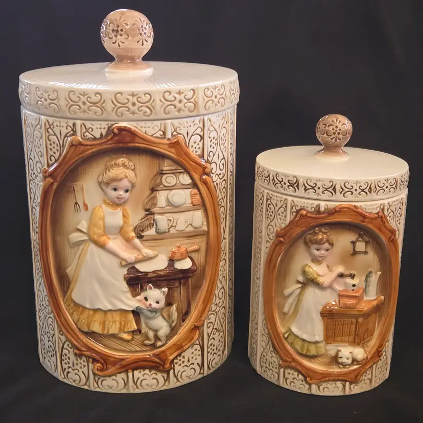 Sears & Roebuck Ceramic 2 Canister Set Woman Cat Dog Handpainted Japan 1978 Vintage with Condition Issues