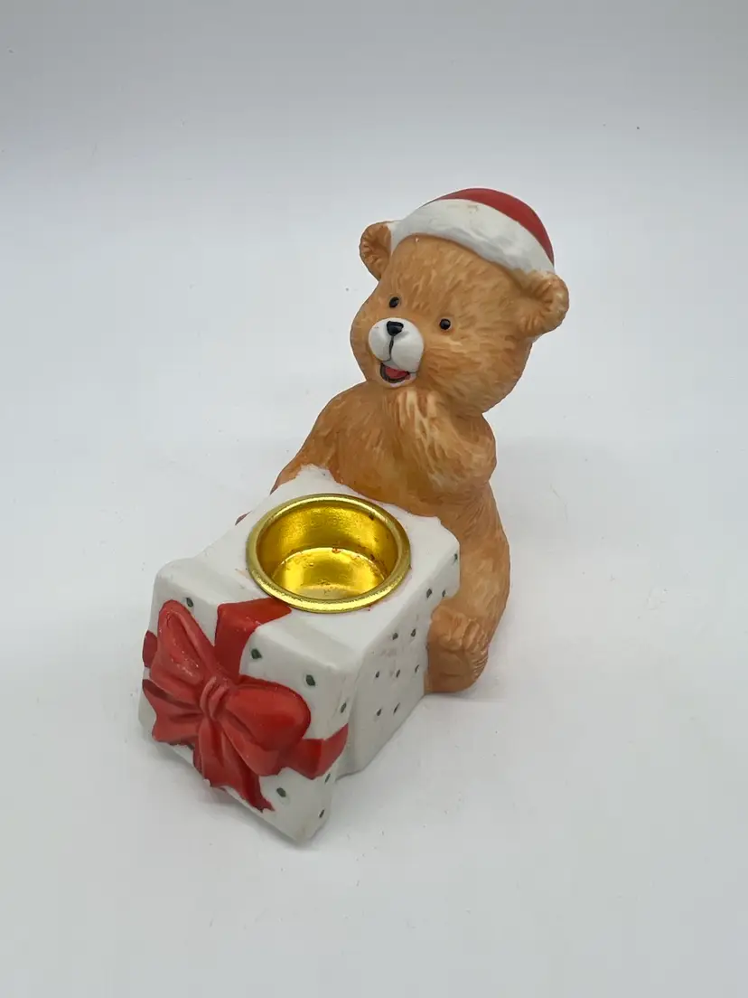 Vintage Small Christmas Teddy Bear Ceramic Tapered Candle Holder