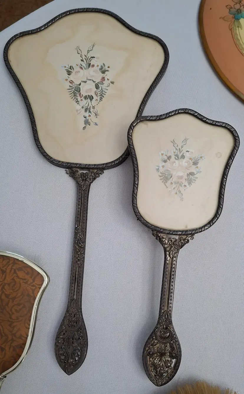 148 Vintage Silverplate Vanity Set – Hand Painted Floral Mirror & Brush – Art Nouveau Style