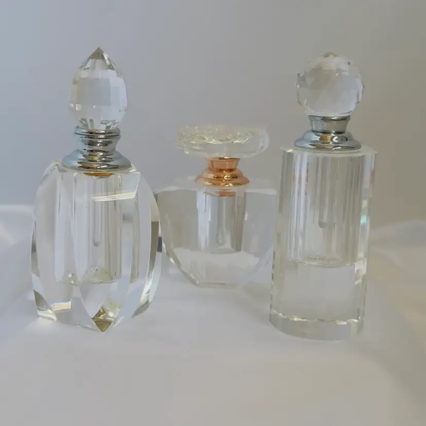 #1406 Lot Of 3 Miniature Clear Glass Faceted Perfume Bottles, All About 3-3.5”