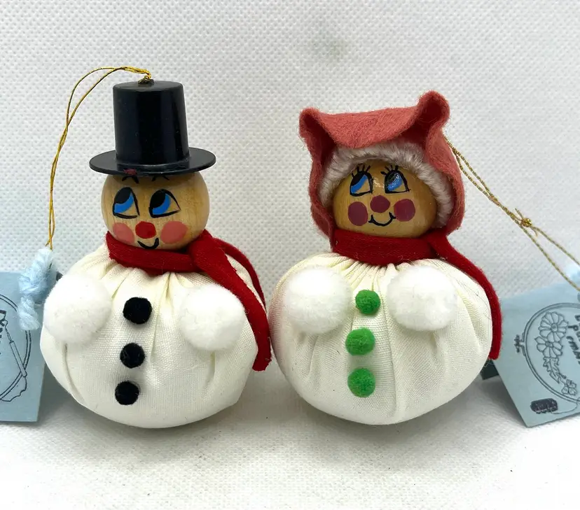 Vintage Handmade Snowman Woman Couple Christmas Ornaments Holiday Decor