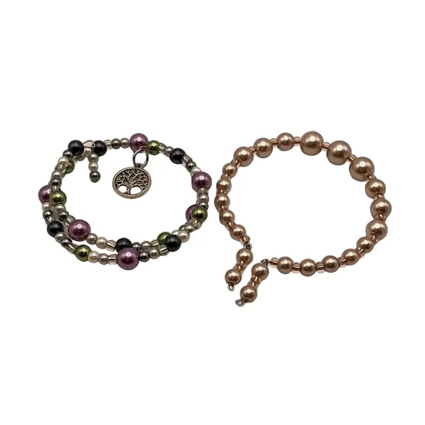 Handmade, Glass Beaded, Wrap Bracelets, Faux Pearl, Pink/Green/Blue/Purple, Tree of life Charm, Set Of 2