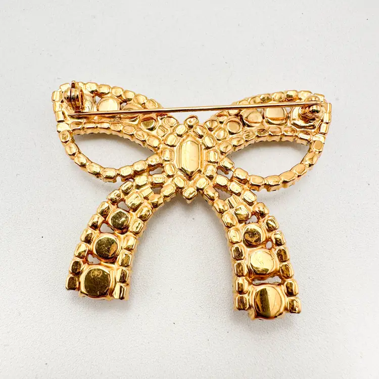 Rhinestone Bow Gold Tone Sparkly Bling Brooch 2.5"W 2"L