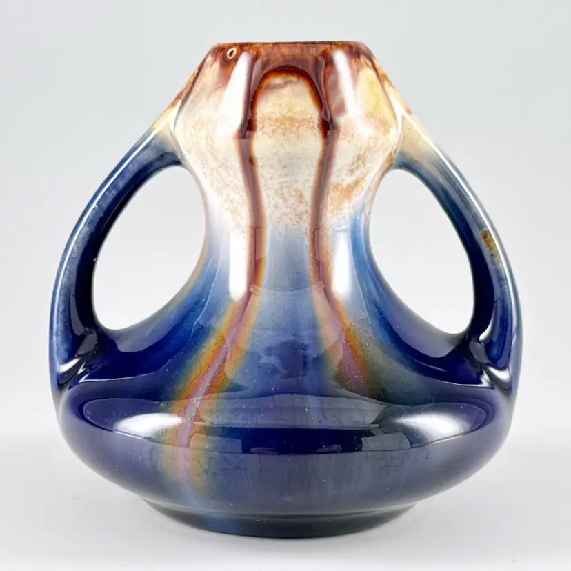 Faiencerie Thulin Belgian, Small Art Nouveau Cabinet Vase, Cobalt Blue & Brown Drip Glaze, Antique Made in Belgium