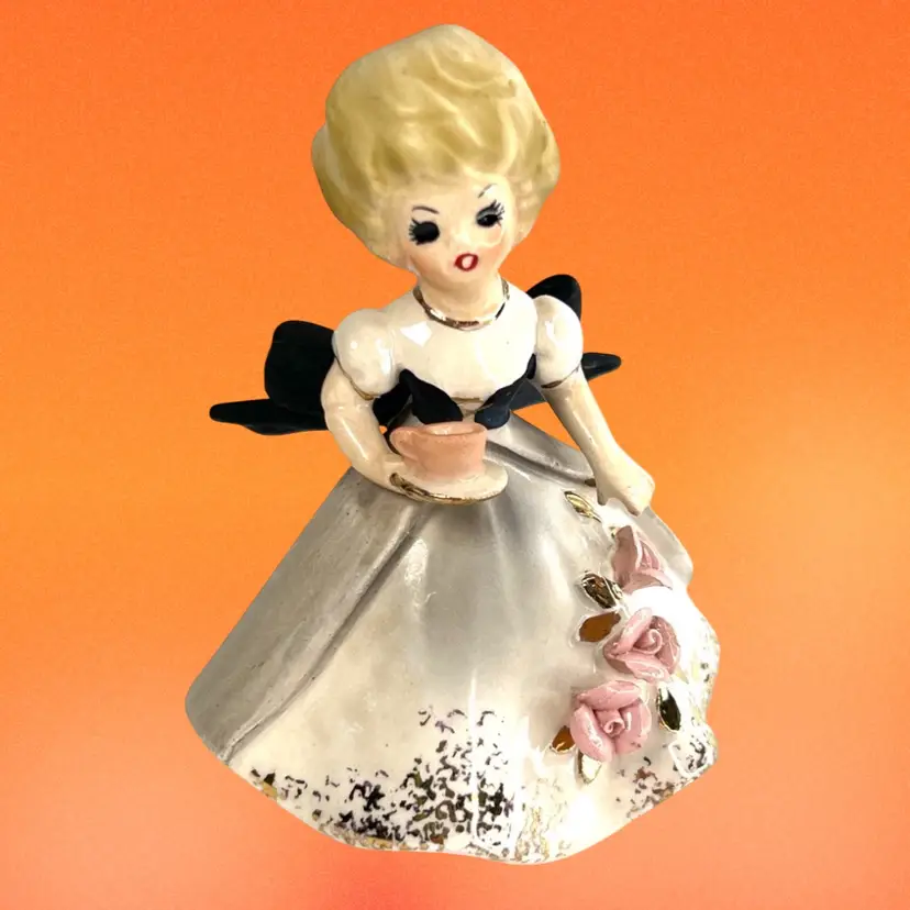 ENESCO Japan Lady Tea Time Vintage Porcelain Figurine. Roses On Dress, Gold-trim, Black Ribbon On Back. Sticker On Bottom.