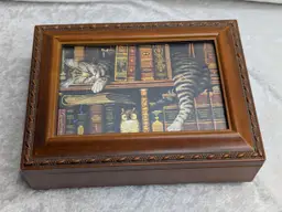 Sank-yo Cottage Garden Ornate Wood Grain Music Jewelry Box Tiger Cat Kitten sleeping on shelf