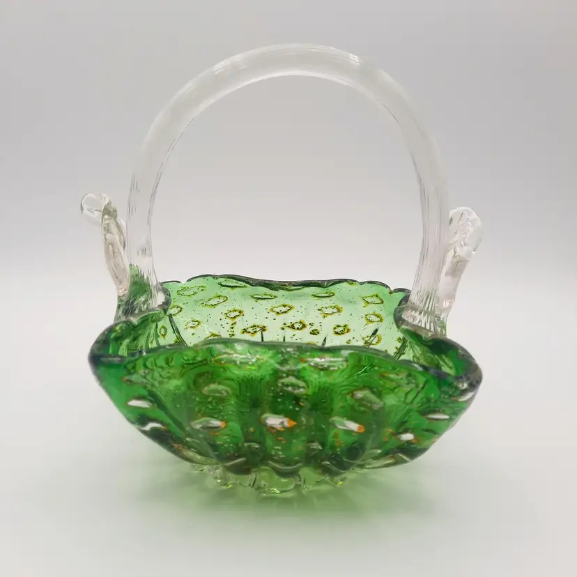 Handblown Green Art Glass Basket w/ Gold Flake Ring Bubble Design Clear Applied Handle