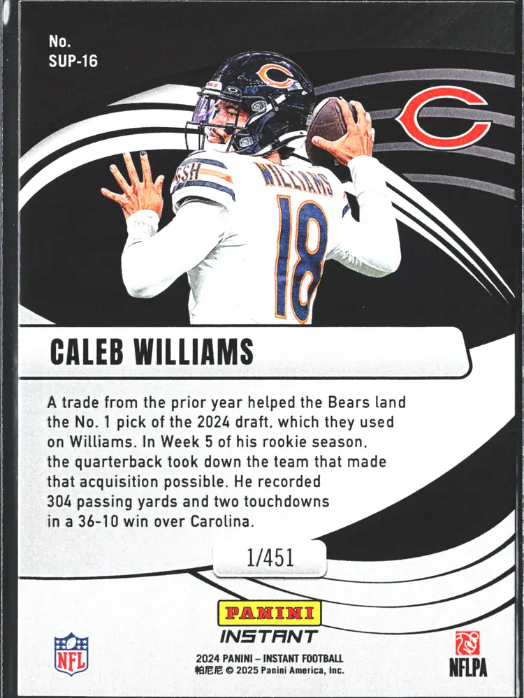 Caleb Williams Rookie Card - Supernova /451 - only 451 Made! 2024 Panini Instant RC Chicago Bears