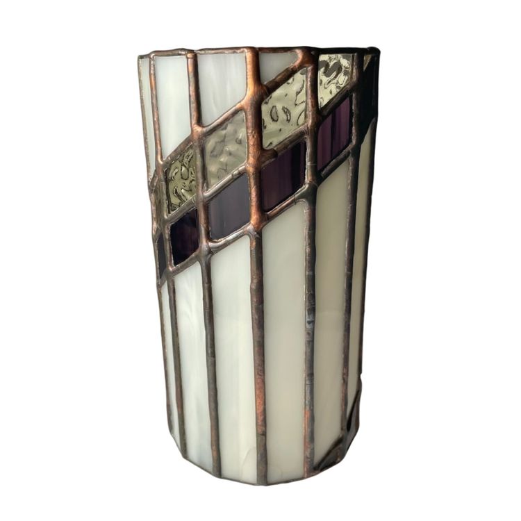 Tall Handmade Stained Glass Vase Candle Votive Artist Signed Purple White READ 7.25"