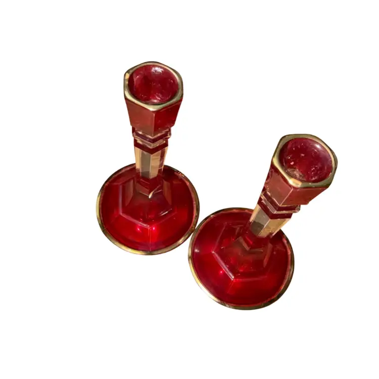 Vintage Italian Lead Crystal Red Candlestick Holders Gold Trim - Set Of 2