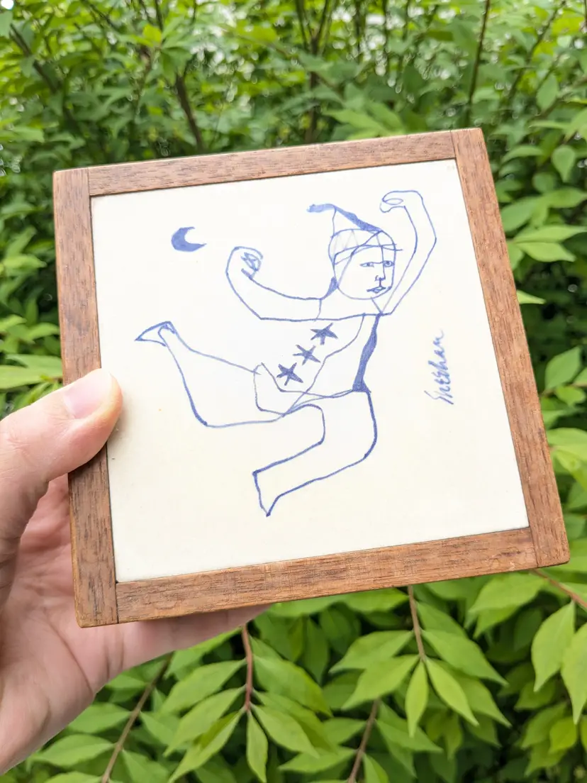 Handmade Wood Trinket Storage Box Ceramic Tile Jester Moon Stars Signed Dovetail Construction