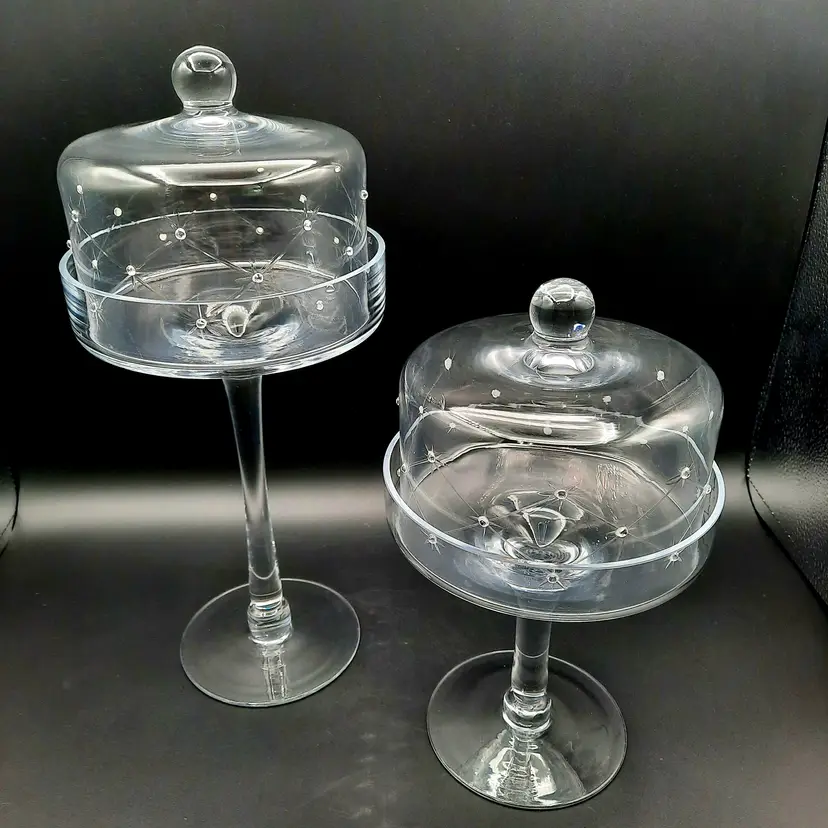 Glass Pedestal Cloche Dessert Cake Pastry Stand Dome Etched Crystal Embellished Set of 2