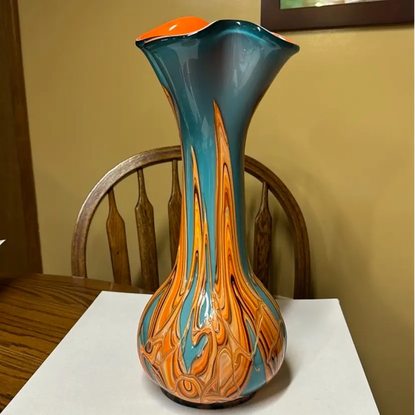 Essie Zareh Art Glass Vase 17" turquoise and orange
