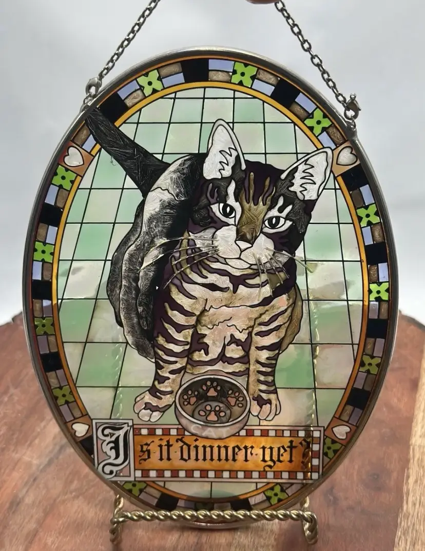 AMIA Hand Painted Stained Glass Sun Catcher Cat Kitten Feline Is It Dinner Yet