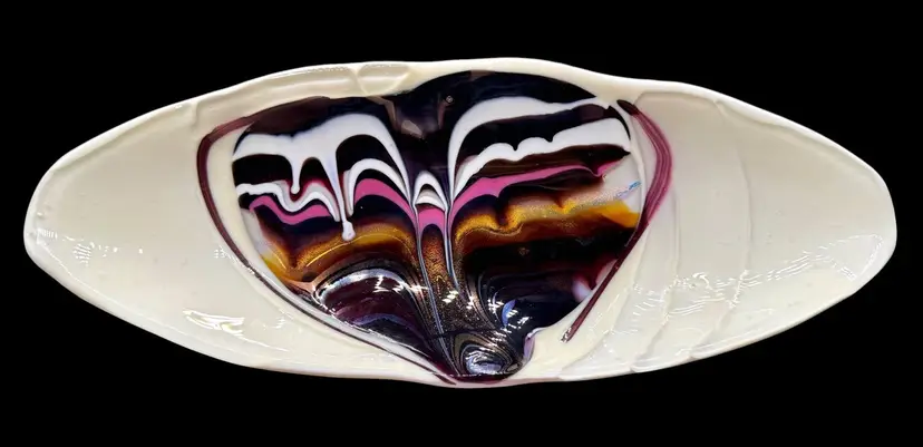 Studio Fused Art Glass Bowl Tray Fish Curved Oval Iridescent Swirl Pink Brown