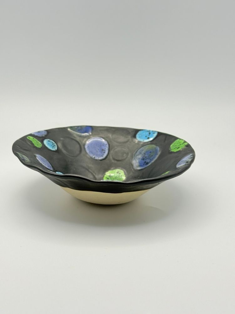 Signed Studio Art Pottery Polka Dot Trinket Dish Green Blue Black 4"