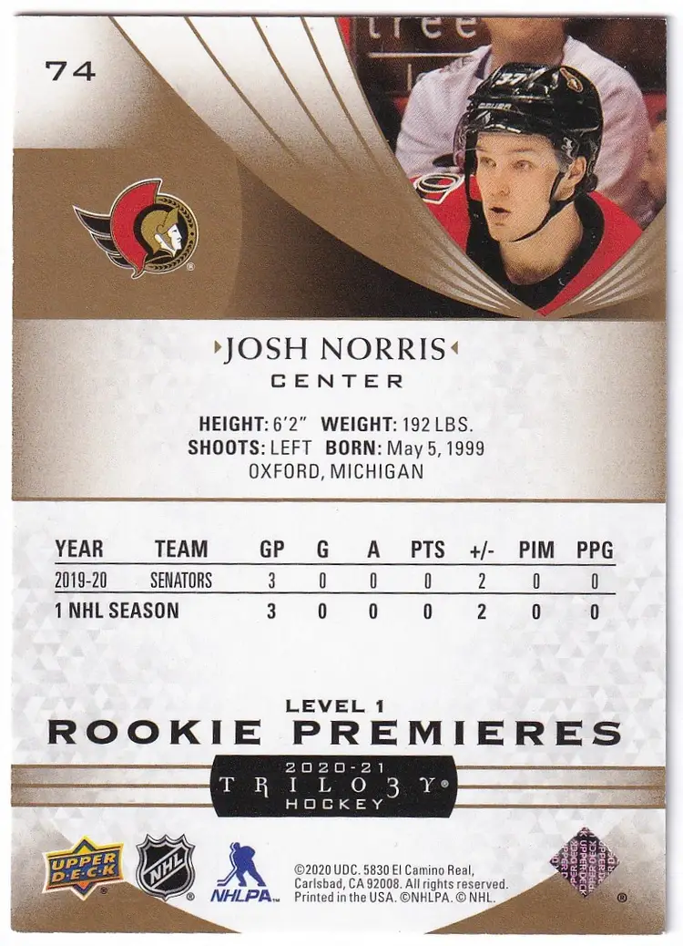 2020-21 Upper Deck Trilogy #74 Josh Norris RC Ottawa Senators Hockey Card
