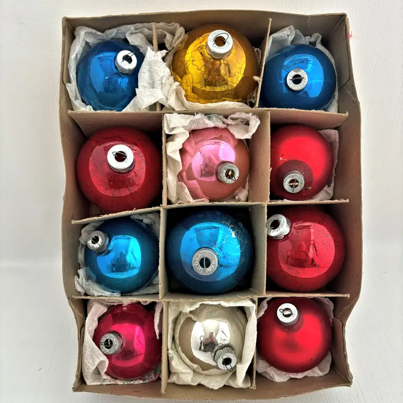 Vintage Glass Ball Christmas Ornaments Made USA 12 Pieces Distressed Multi Color 1960s