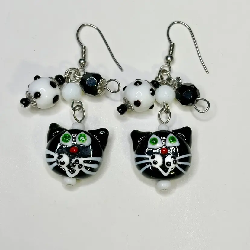 Black Cat Glass Beads Hook Pierced Earrings 2.25” Drop