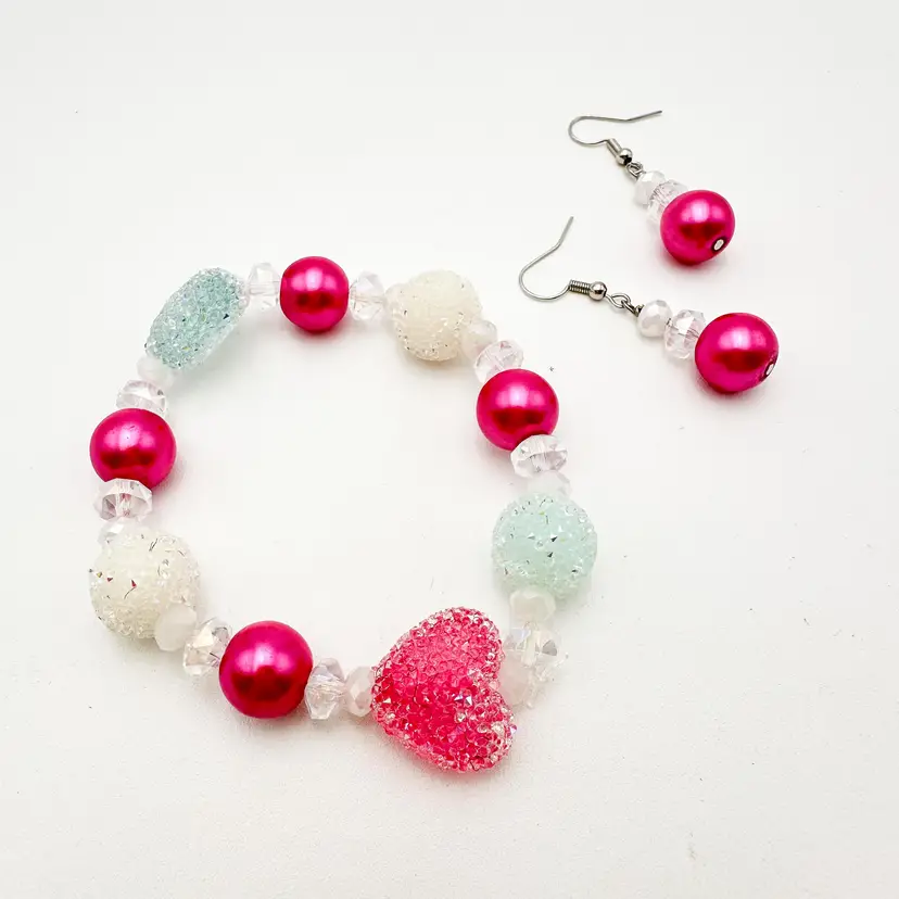Valentine's Day Sugared Beads and Heart Stretch Bracelet, Matching Earrings, Handmade