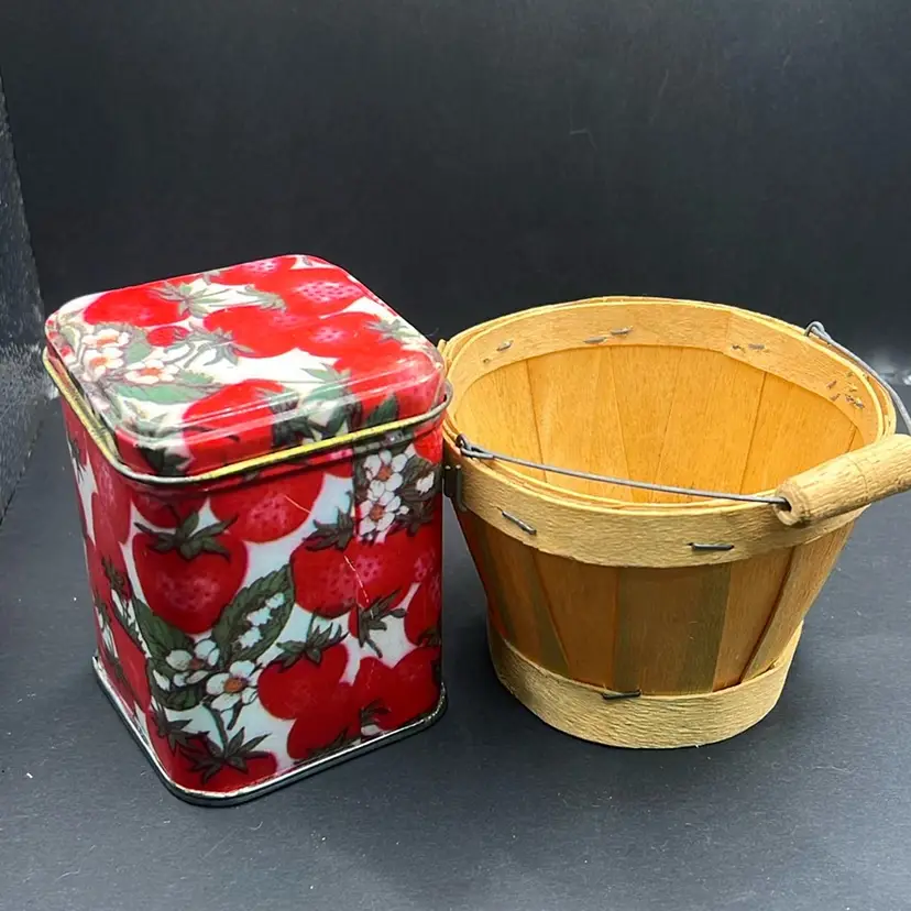 Vintage Strawberry Tin And Mini Basket (2 Items , One Price) Cottage Core Must Have!