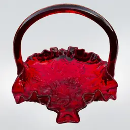 Fenton Red Rose Basket with Handle and Cadmium Glow 6in