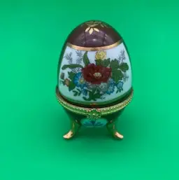 Vintage Faberge Porcelain Style Brown Floral Imperial Egg Trinket Box - 4" Tall