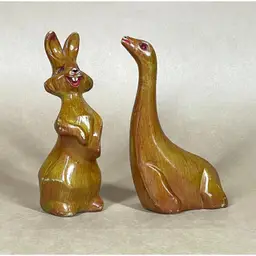 MCM Faux Wooden Rabbit Seal  Animal Figurines Red Rhinestone Eye Whiskers