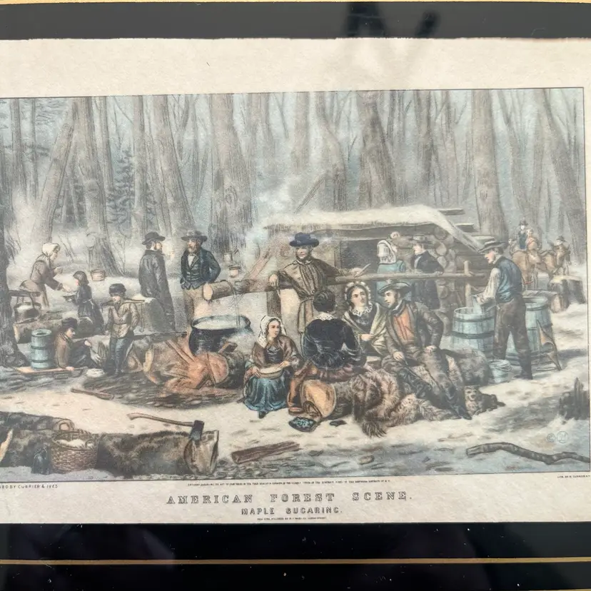 Wood Framed Currier & Ives lithograph depicting maple sugaring in a forest.  10x9 “ Ready To Hang