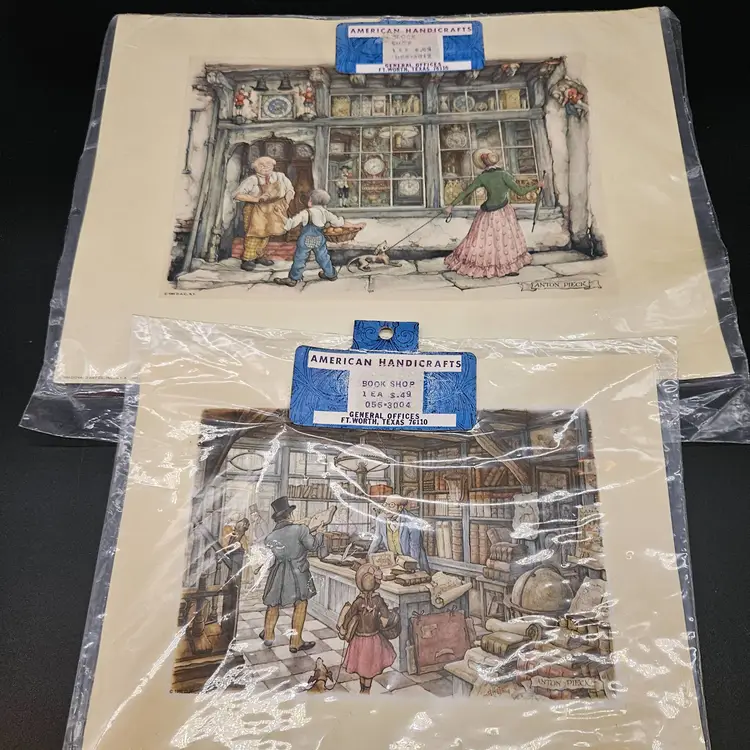 Anton Pieck Prints 1968 Book Shop 7x9 & 1966 Clock Shop 6x12 Lot of 2 NOS