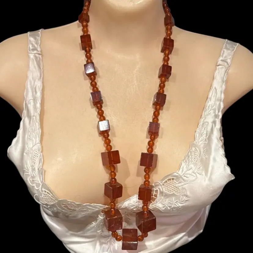 Vintage Art Deco Baltic Cognac Honey Amber Cubist Necklace, 90g, 30” Long