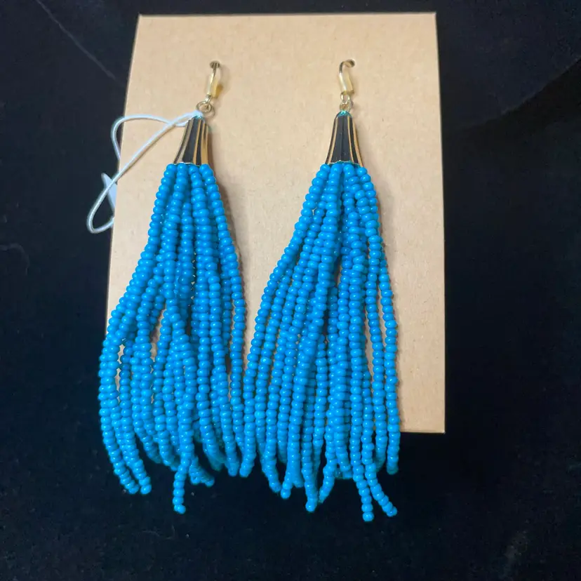 New Peacock Blue Glass Seed Bead 3 1/2 Inch Gold Tone Earrings