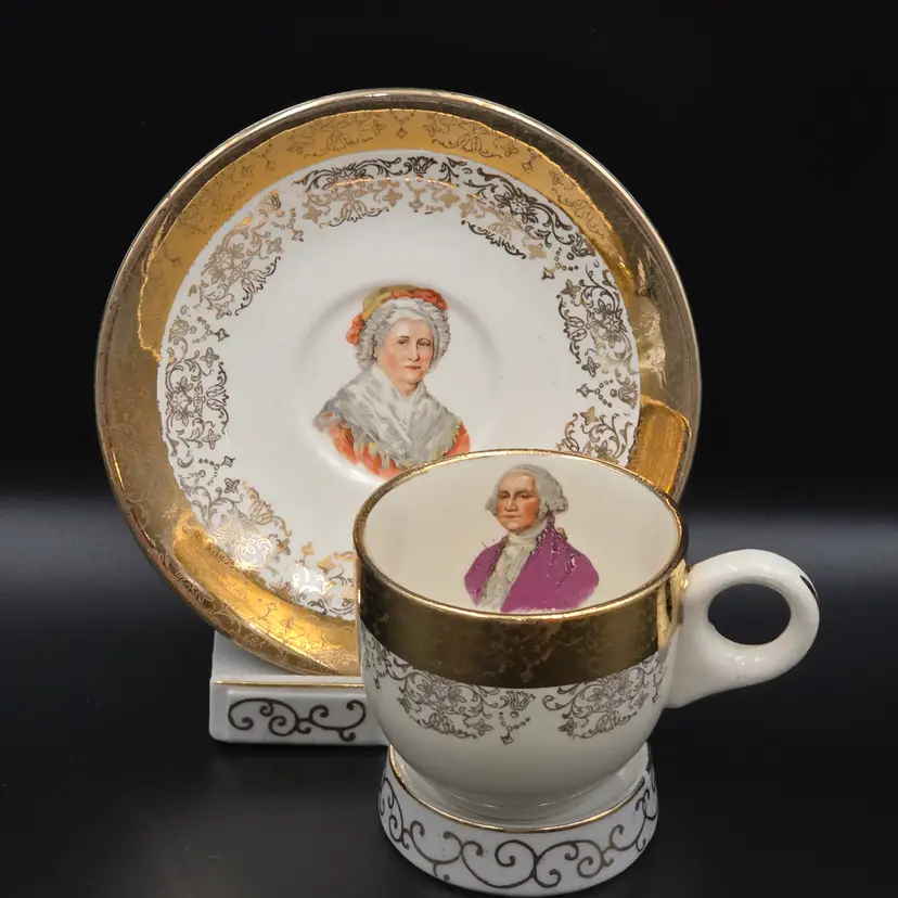 Vintage Capsco George and Martha Washington Cup and Saucer Set with Stand