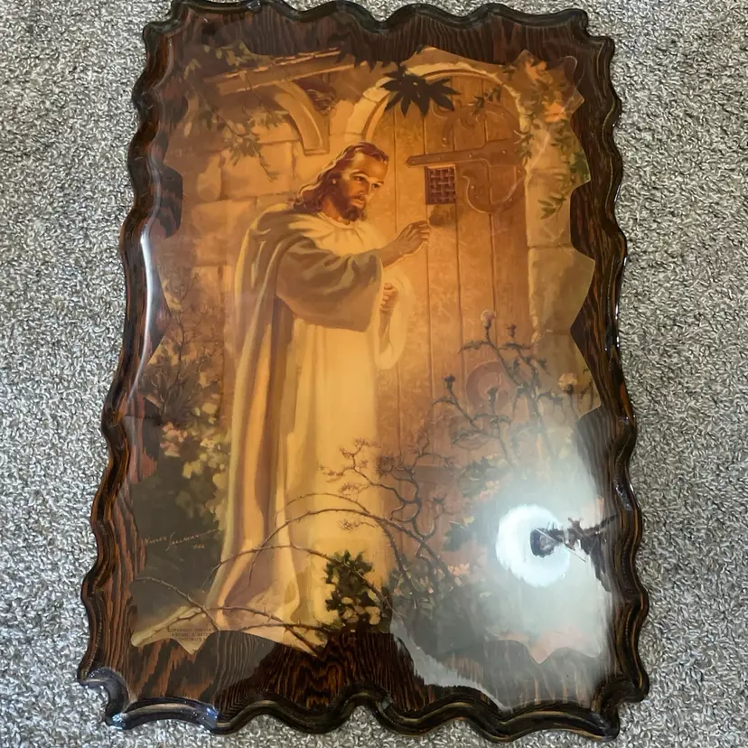 Vintage Jesus Knocking On Door Wood Wall Plaque 22" x 15" By Warren Sallman