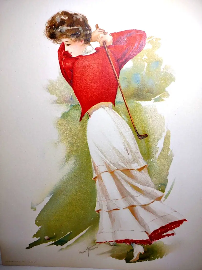 Victorian Art Print Women Golfer Artist Signed Maud Stumm Litho 1908 Original