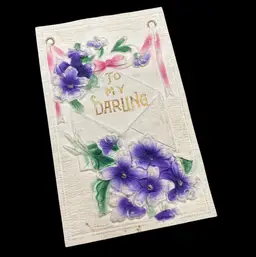 “To My Darling” Antique Super Embossed Airbrushed Violet Envelope Pink Ribbon Postcard, Unposted, Marked