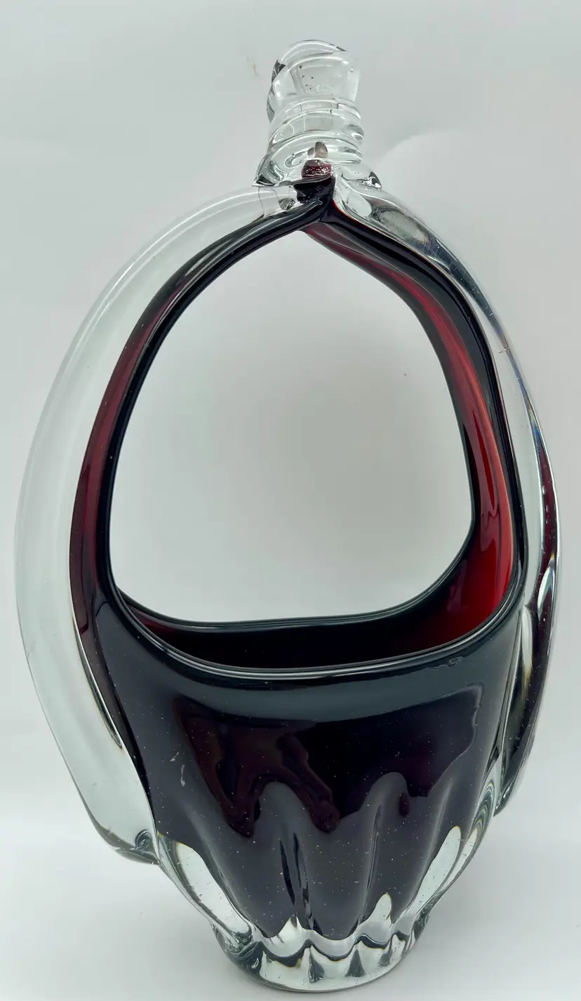 Vintage ruby and clear sommerso style Romanian art glass basket