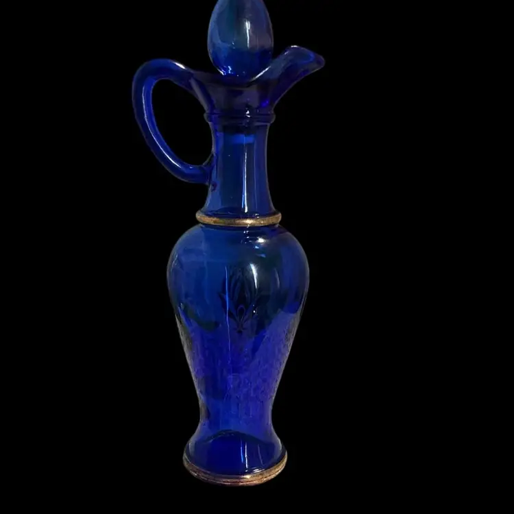 Vintage   Early 1970s Gorgeous Cobalt Blue Avon  Glass Cologne Pitcher With Goldtone Accents ! Gorgeous Piece.