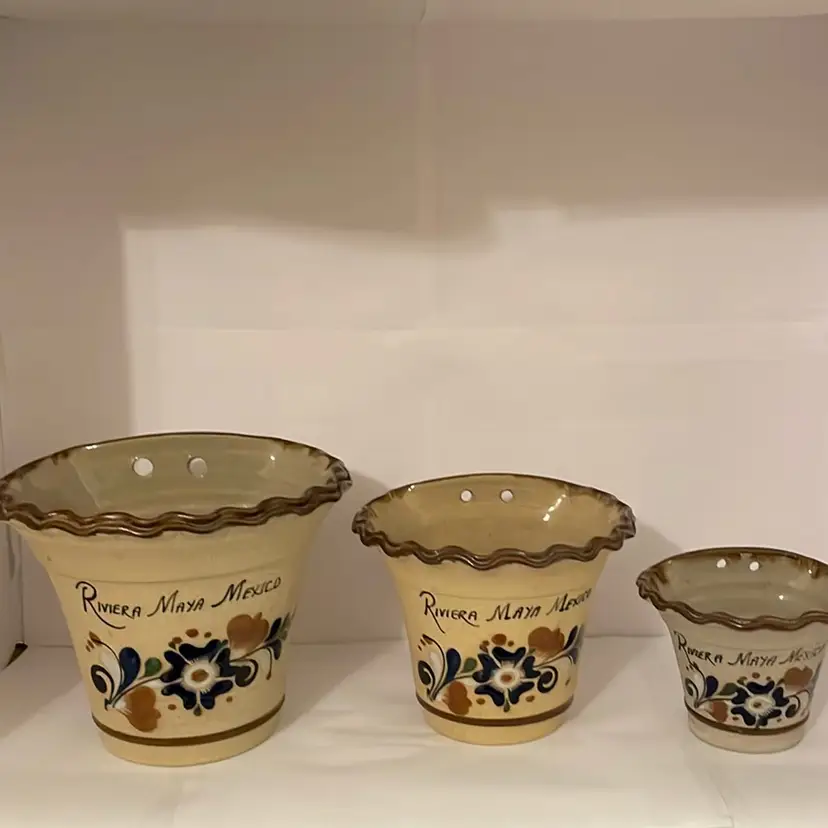 #559 Set Of 3 Mexico Pottery Wall Pocket Planters Signed