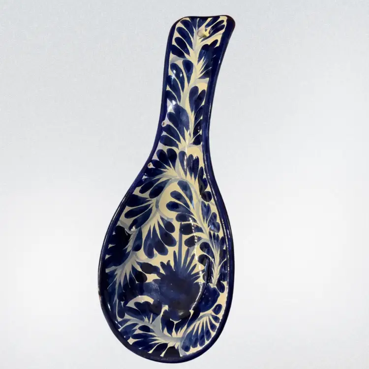 Hand-Painted -Mexican Talavera-Style Spoon Rest | Cobalt Blue Floral | 8.25” | Wall Hanging