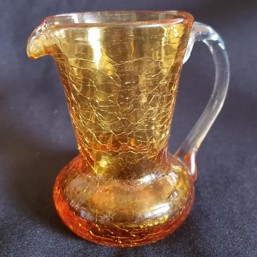 Art Glass Pitcher Creamer Hand Blown Crackle Amber 3⅝" Tall Unbranded Vintage