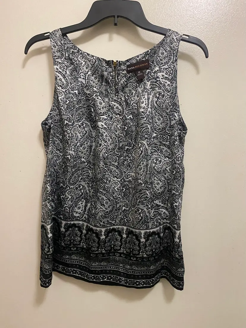 Dana Buchman Womens Tank Top XS Black & White Paisley Boho Bohemian Print